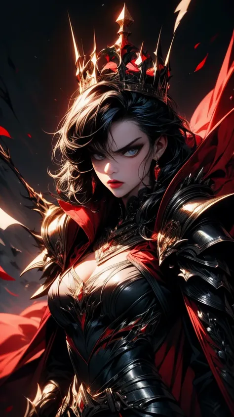 masterpiece, high quality, super detailed, wallpaper, woman, black armor with black and red details, viewed from below, looking ...