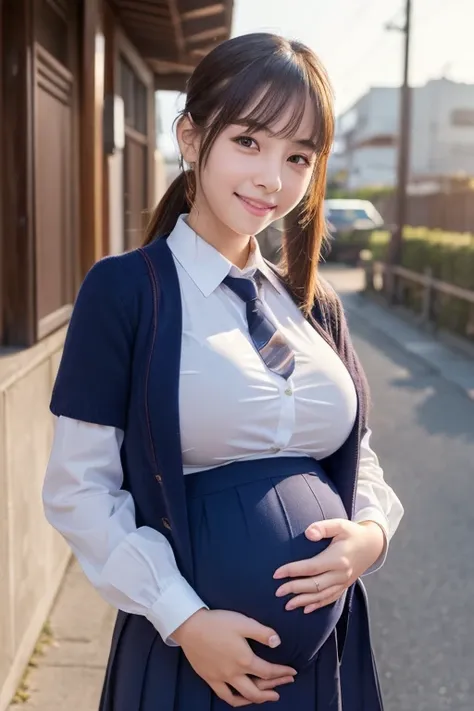 ((masterpiece, Best Quality)), ((A high resolution)), (photograph realistic), Best Shadow, high detailing, Very detailed, (nice hand, Perfect hands), (Face Focus:1.2), ((1girl in)), Beautiful Girl, 18 years old, 1 pregnant woman, Brown eyes, (brown ponytai...