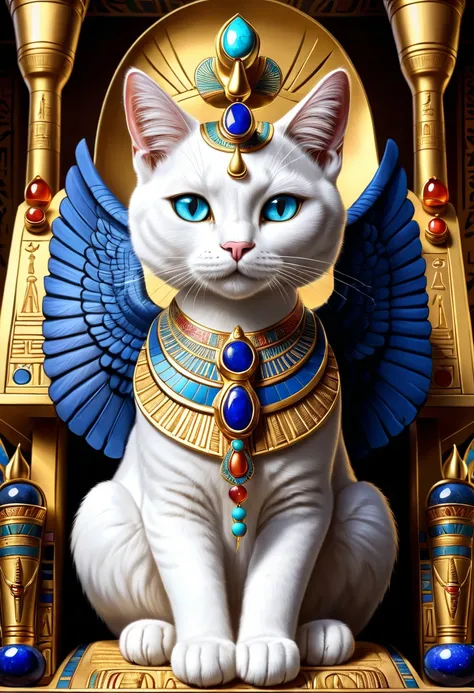 White feline Goddess (sitting upon majestic golden Egyptian throne with ornate carvings and hieroglyphs, backseat wings:1.2), (ornate collar with lapis lazuli, turquoise, carnelian:1.1), (ornate regal headdress encrusted with gems:1.1), ((divine glowing go...