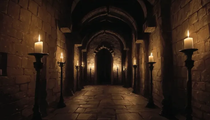 a dimly lit hallway with candles and stone walls, inside covens den, castle great hall, picture inside covens den, inside an epi...