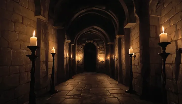 a dimly lit hallway with candles and stone walls, inside covens den, castle great hall, picture inside covens den, inside an epi...