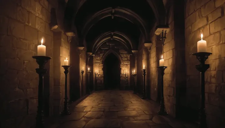 a dimly lit hallway with candles and stone walls, inside covens den, castle great hall, picture inside covens den, inside an epi...