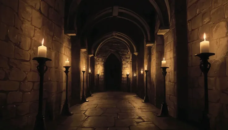 a dimly lit hallway with candles and stone walls, inside covens den, castle great hall, picture inside covens den, inside an epi...