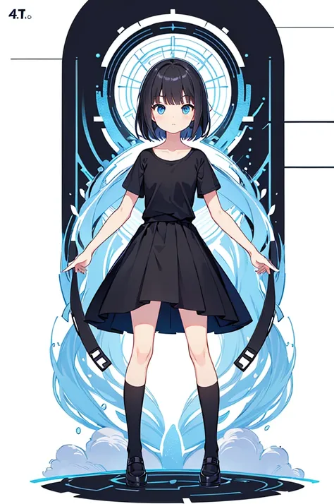 full body ,dynamic standing ,(เหมือนจริง:1.37)、1girl, solo, blue eyes, (detailed eyes), flat chest, short hair, black hair, ((bl...