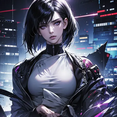 masterpiece, ultra high definition, high detail, cyberpunk universe, black bob hair, intense look, funky style clothes, silver e...