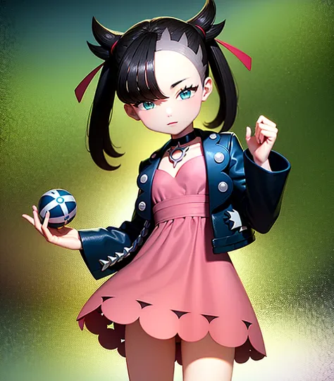 masterpiece, Highest quality, High resolution, Marnie, Aqua Eye, Black choker, Red ribbon, Pink Dress, jewelry, Black jacket, Open clothes, Long sleeve, Cowboy Shot, Are standing, forest, holding Pokéball, Pokéball (Basic), smile, Open your mouth,Backgroun...