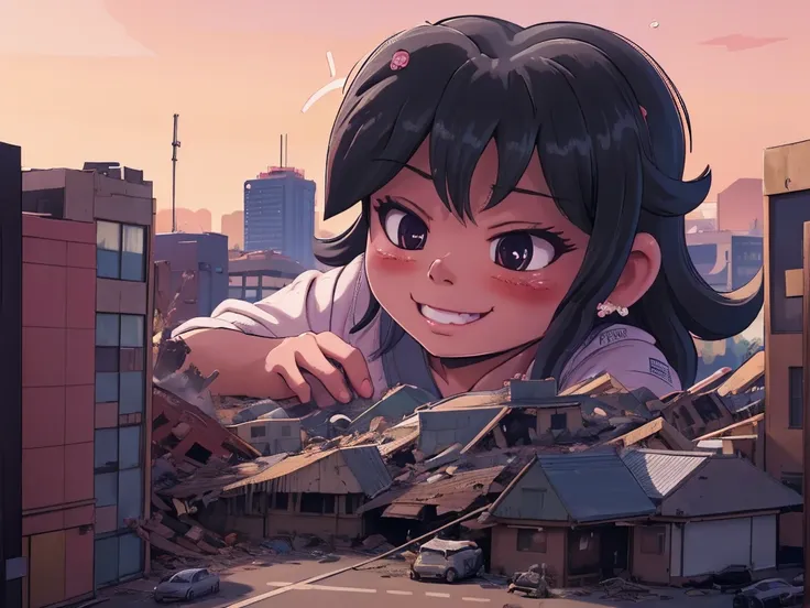 tokyoのビル街、giantess eating tiny people,vore illustrate,smile、迫力のあるlow - angle、小さなurban areaにうつ伏せになる、adult women、anime、エロanime、変態a...