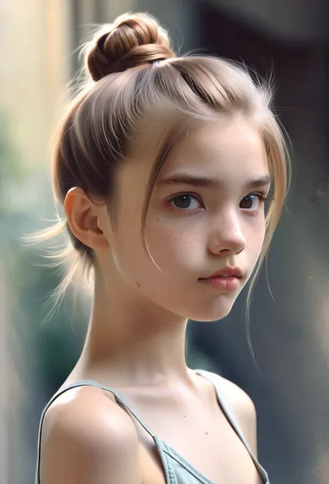 (cinematic photo: 1.3) from (really: 1.3), (comfortable: 1.3) beautiful 12 year old girl, (difficult messy bun of light brown ha...