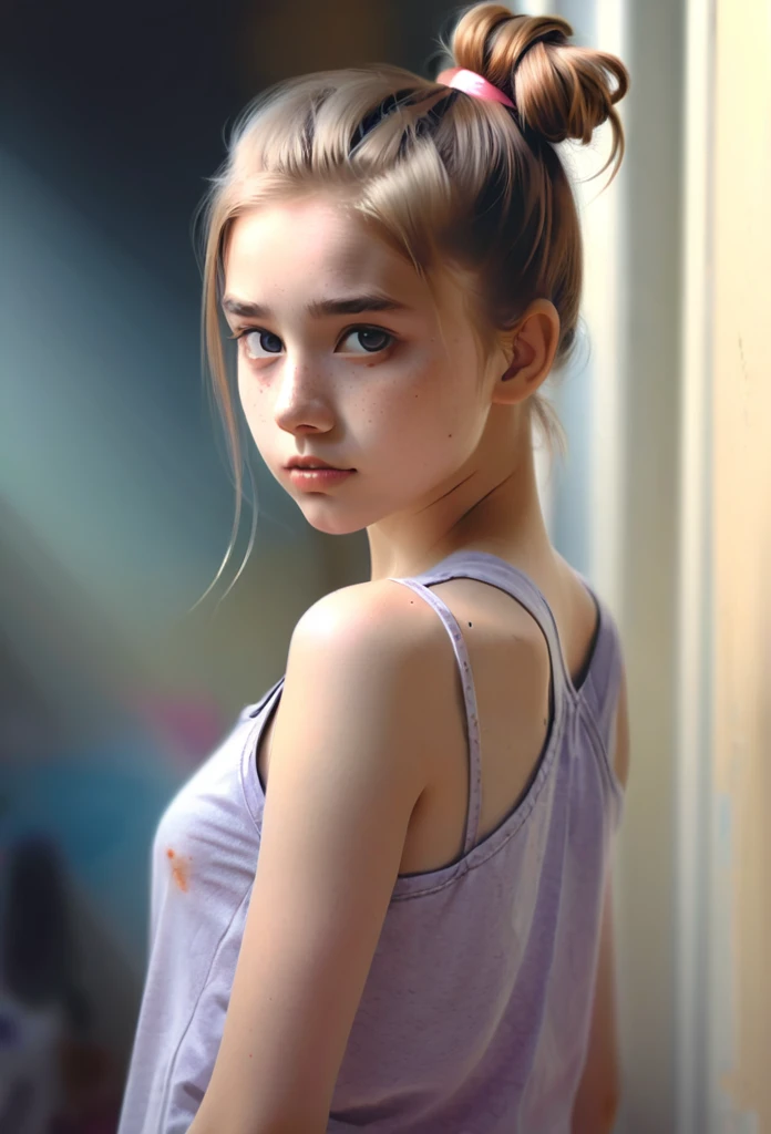 (cinematic photo: 1.3) from (really: 1.3), (comfortable: 1.3) beautiful 12 year old girl, (difficult messy bun of light brown ha...