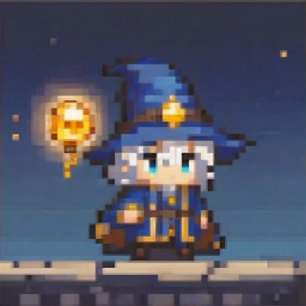 a chibi male character in deep blue and gold wizard robes from a high fantasy world, holding a glowing crystal orb. he has owl w...