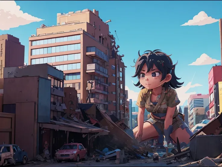 Tokyoのビル街、giantess tramping tiny people,giantess illustrate,smile、迫力のあるLow - Angle、小さなUrban areaにうつ伏せになる、Adult women、anime、エロanime、変態anime、nude、Sunset、blush、Black Hair、steam、Urban area、Tokyo、Woman looking down on a dwarf、Low - Angle、View from the main stre...