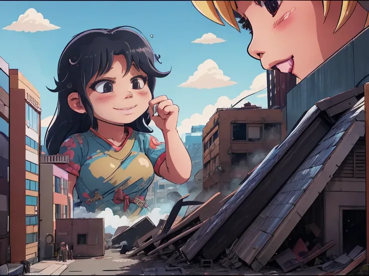 Tokyoのビル街、giantess tramping tiny people,giantess illustrate,smile、迫力のあるLow - Angle、小さなUrban areaにうつ伏せになる、Adult women、anime、エロanime、変態anime、nude、Sunset、blush、Black Hair、steam、Urban area、Tokyo、Woman looking down on a dwarf、Low - Angle、View from the main stre...