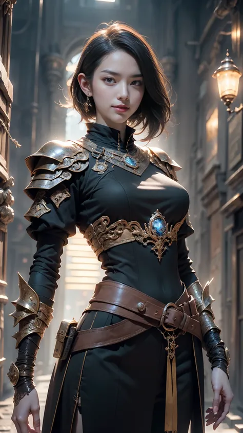 Game art，The best picture quality，Highest resolution，32K，(A bust photograph)，(Portrait)，(Head close-up)，(Rule of thirds)，Unreal Engine 5 rendering works， (The Girl of the Future)，(Female Warrior)， 20-year-old girl， elegant smile, short hair, ((Hunter, guns...