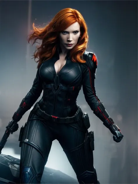 create a dynamic 4k resolution full body portrait of christina hendricks as the character of black widow, the fierce marvel supe...