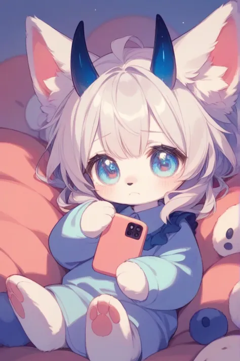 生き物，Create a cute, fluffy character with a pastel blue color scheme. The character should have a soft, round body and small, round eyes. It has a slightly sad expression and is holding a smartphone with a curious look. The character has small horns and flu...