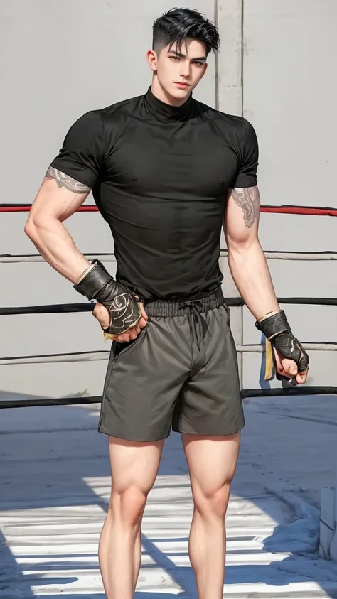 masterpiece, 1boy, adult, handsome, black hair, undercut hair, perfect face, detailed eyes and face, black eyes, clean shaved, muscular, capturing a rural atmosphere, dynamic lighting, unreal engine 5, hd picture, boxing