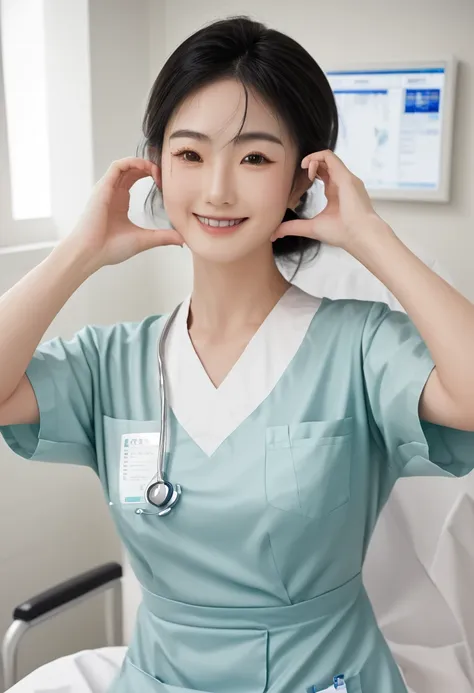 (medium shot), 1girl, (cheek heart:1.4), smiling beautiful japanese female nurse wearing fitted aqua nurse dress, beautiful deta...