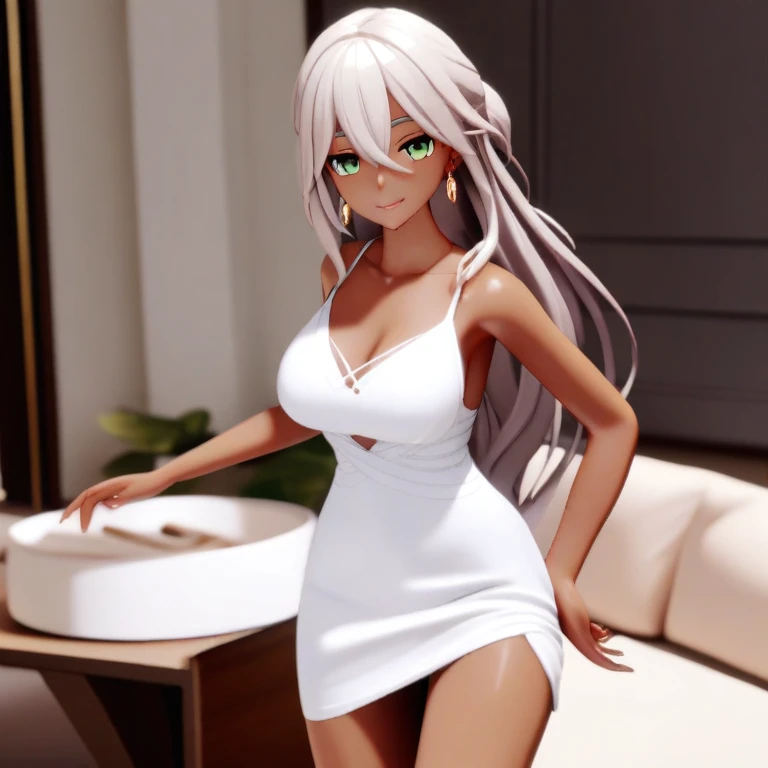 mmd,(masterpiece, best quality:1.2)1girl,solo,dark skin, green eyes,long hair, white hail, jewelry,earrings,looking at viewer,fl...