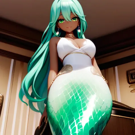 mermaid, mermaid tail below waistline, long green mermaid tail, mmd,(masterpiece, best quality:1.2)1girl,solo,dark skin, green e...