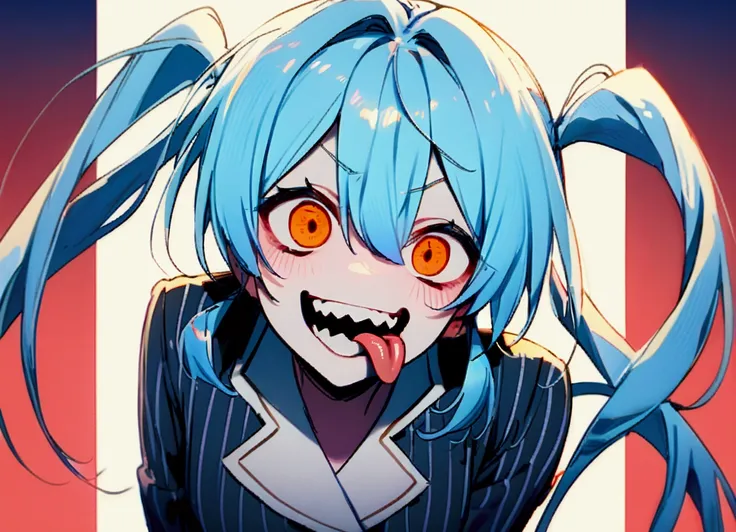 light blue hair, twin-tail hair, female, black business suit, scary smile, pointed teeth, tongue protruding.