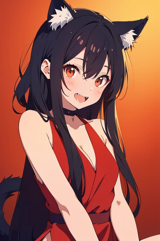 (Best Quality,masutepiece:1.2),(Anime style,Comic Core:1.1) beautiful woman, long wavy black hair, brown eyes, cat ears and tail, fangs, horns, 