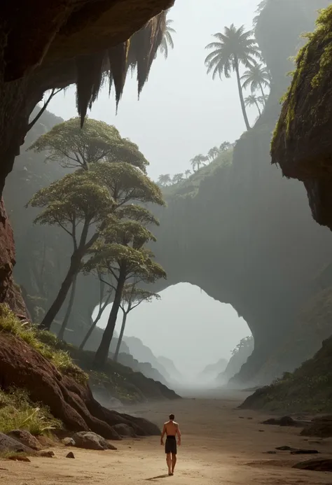 a tropical island, a gigantic human skull shaped cave opens up to the ocean, strange trees and animals grow on the island, fog h...