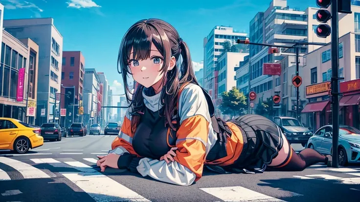 Giant Girl　giant girl　A giant girl is lying on the road　sneakers　Knee-high socks　Black Stockings　Skyscraper district　Metropolis　blue sky　cumulonimbus　Hands on。Unreal Engine　masterpiece　car　crowd　Five fingers　Perfect hands　skirt　Precision painting　4ｋ　