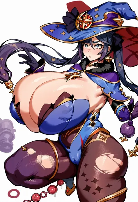 1girl, solo, gigantic breasts, thick thighs, thight fit, ripped clothes, genshin impact mona, anal beads