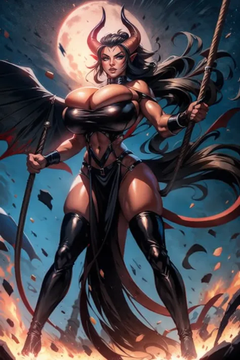 Red skin succubus tiefling, medium breasts, black horns, wings, huge tail, black leather, crop top, (cleavage), long flowing pelvic curtain, tall, athletic, graceful, thin, long black ponytail. Action scene, whip. Dark scene, explosions, night sky.