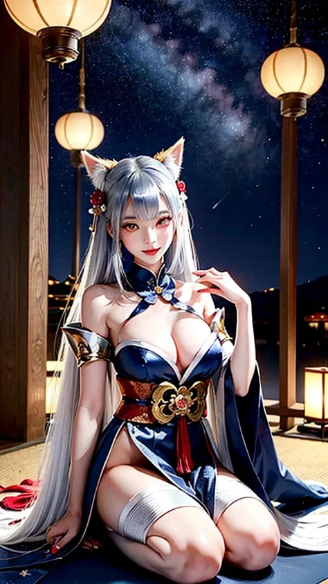 Kitsune girl,hime cut,silver eyes,gold darkblue and red tones japanese cloth, geisha dress theme sun&moon , traditional japanese , long white hair,silver fox ears, have kitsune tail, beautiful woman, silver eyes, elegant, young adult beautiful,night , star...