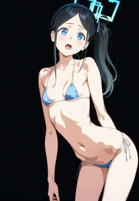 best quality, amazing quality, very aesthetic, absurdres, (1girl, aris, blue archive, solo, blue eyes), (realistic face:0.9),(string bikini:1.8), (surprised, blush, thigh:1.3), (cowboy shot), (glowing eyes), (half closed eyes:0.9), (ass), (official art:1.3...