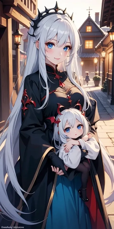 best quality fantasy art of an adorable chibi Vampire queen, long white hair, blue eyes, apple, light bokeh, kawaii scene
