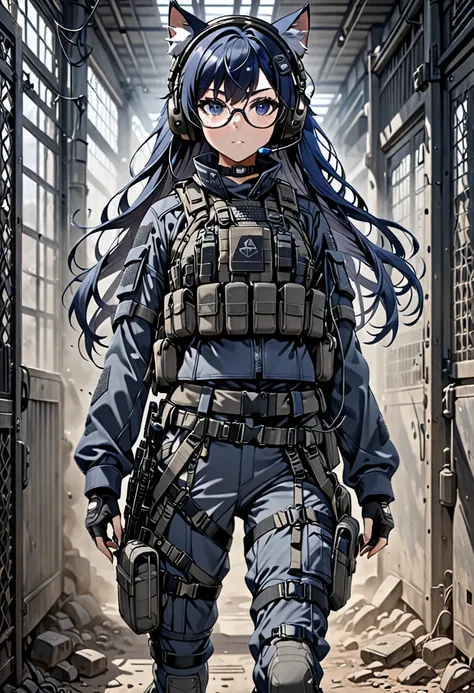 8k ultra high-quality, ultra-detailed, high quality, dark blue hair, long hair, headset, goggles, cat girl, grey tactical clothe...