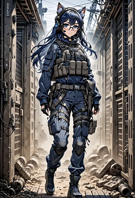 8k ultra high-quality, ultra-detailed, high quality, dark blue hair, long hair, headset, goggles, cat girl, grey tactical clothe...