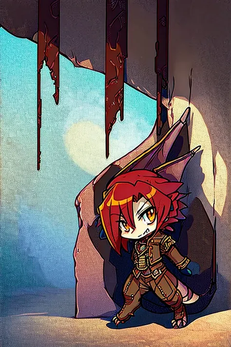 (((male, solo, winged kobold boy, dark red scales,fantasy clothes, artficer,steampunk, dragon wings, dragon tail, small, chibi))), artficer clothes, warm color clothes, fantay clothes,sea green eyes, artficer,small heigth, 54 centimertes heigth,horns, claw...