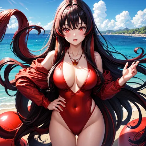 anime panel,upper body, 1girl,solo Korean, black very curly hair with red highlights(long hair), red slanted eyes, red swinsuit, necklace, hair illuminated by sunlight, florest background