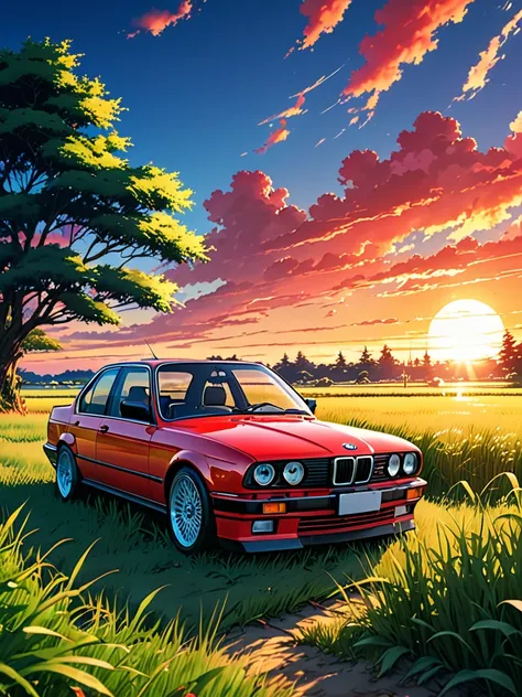 anime landscape of a pearl super sunny red classic 1993 bmw e30 318i sport sits in a field of tall grass with a sunset in the ba...