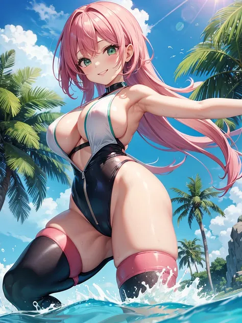 High Cut Rubber Suit、Swimsuit、Bare thighs、Arms and legs are bare、girl、Large Breasts、smile、Pink hair with green braids、Chubby
