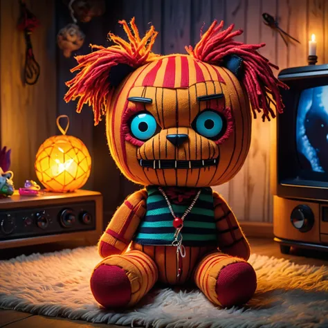 (knitted toy voodoo doll:1.8), (Voodoo Garfield:1.3), (Clothing: striped fur pattern, lazy expression:1.0), (Accessories: enchanted lasagna, glowing bowl, mystical remote control:1.2), (background: cozy living room with floating, glowing TV and magical lig...