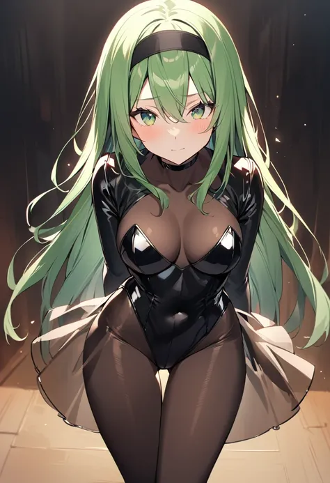 One girl, alone, Long Hair, chest, View your viewers, bangs, skirt, gloves, Long sleeve, ribbon, Hair between the eyes, Mouth closed, Green Eyes, hair ribbon, pantyhose, Cowboy Shot, hair band, , Green Hair, black gloves, see-through skirt, leotard, black ...