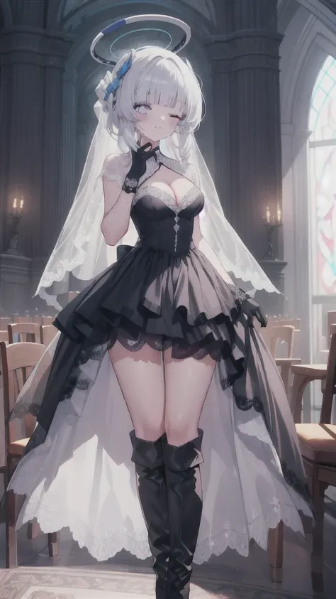 A girl，16 years old，Long hair, Bangs, White hair, Hair between the eyes, Purple Eyes:（1.5),  (Medium breasts:1.2), 
rest  锁骨, Wedding dress，veil，wedding，Black dress，Flowers，dress，Black socks，Black knee socks，Black gloves，Long boots，Cleavage，
Looking at the...