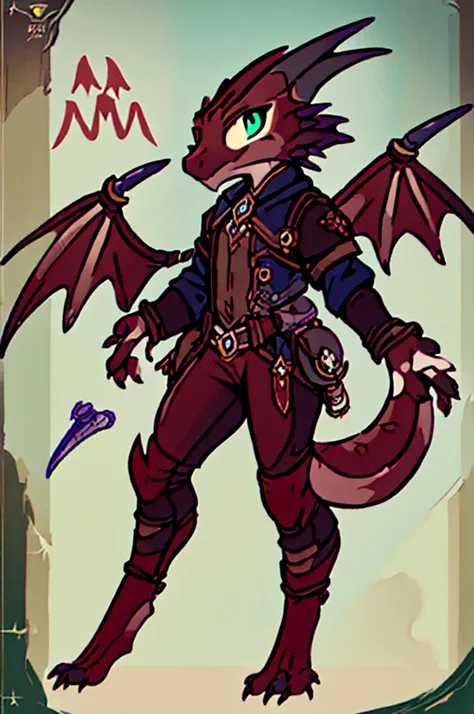 (((male, solo, winged kobold boy, dark red scales,fantasy clothes, artficer,steampunk, dragon wings, dragon tail, small, chibi))...