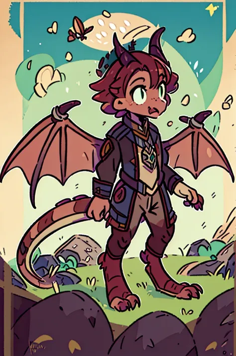 (((male, solo, winged kobold boy, dark red scales,fantasy clothes, artficer,steampunk, dragon wings, dragon tail, small, chibi))...