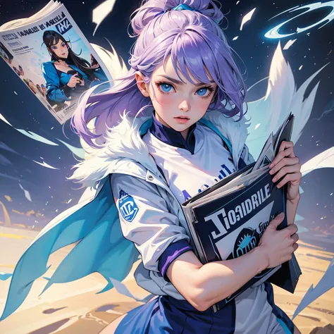 4K quality) (artwork) quadra de volei, female teenage character, blue colored eyes, lilac and white clothes, reading a comic book 