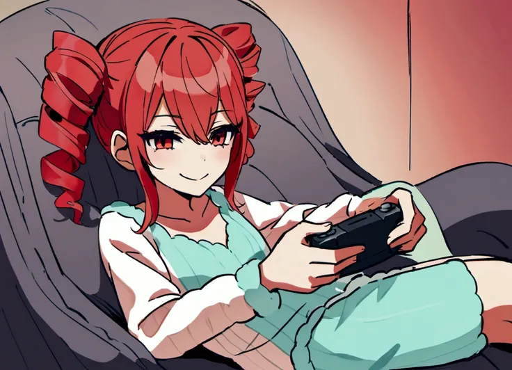 Playing video games.,Red hair, loungewear, smiling