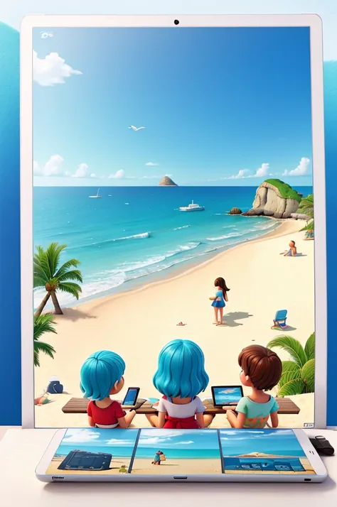 Beach, A group of teenagers watching tablets, Illustration style, Beach, seaside, Highest quality 4K, Color Field painting, UHD