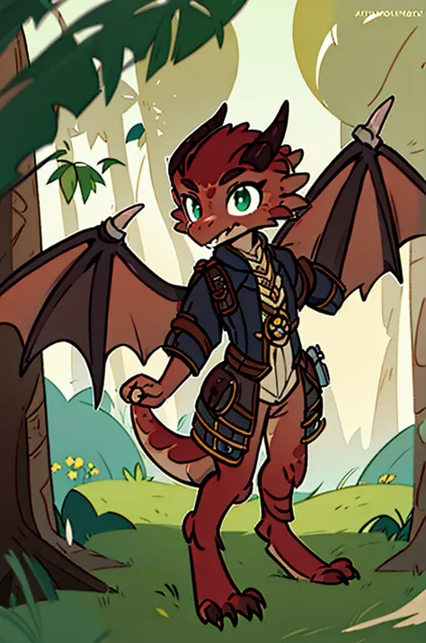 (((male, solo, winged kobold boy, dark red scales,fantasy clothes, artficer,steampunk, dragon wings, dragon tail, small, chibi))...