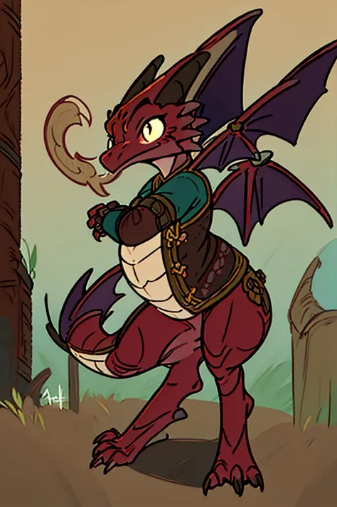 (((male, solo, winged kobold boy, dark red scales,fantasy clothes, artficer,steampunk, dragon wings, dragon tail, small, chibi))...