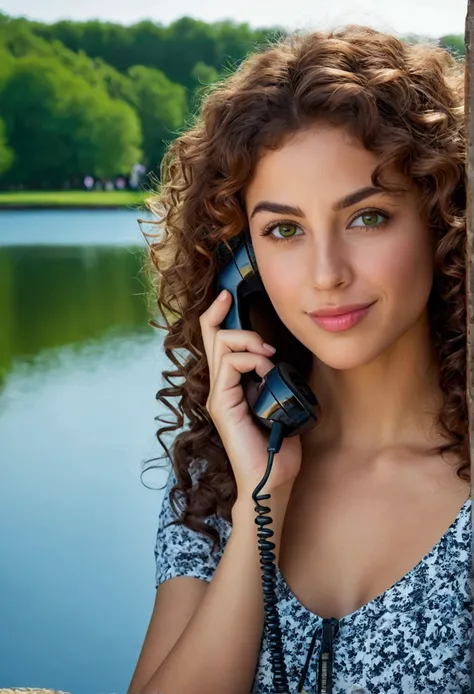 1womanl, white, Latin trait, sharp nose, thick lips, brown curly hair, greeneyes, smirk on face, answering the phone (high resolution, high qualiy, best contrast), (background of a park, with a lake in the background)