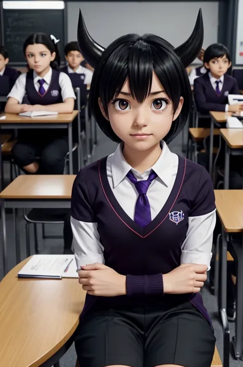 Screenshot of my hero academia, Black short hair girl, with our little horns, He has dark purple eyes and a calm expression., He is wearing the UA uniform and is sitting in a class of UA students.